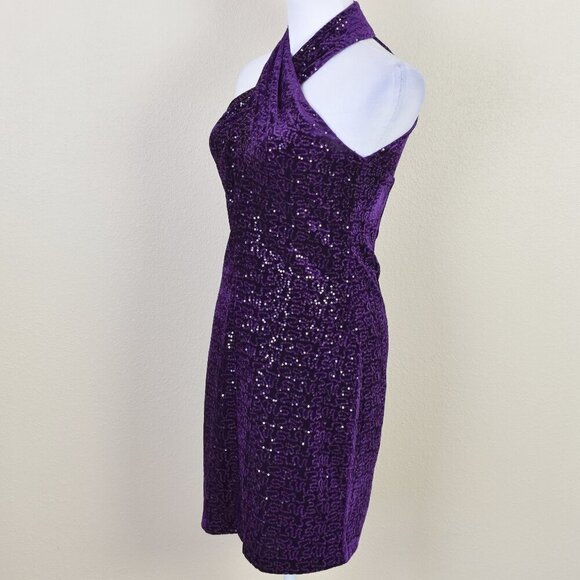 Eliza J Halter Sheath Dress Velvet Sequin Bodycon Purple - 6P - Picture 5 of 10
